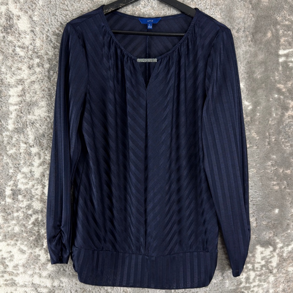 Apt. 9 Size L Chevron Textured Embellished Keyhole Blouse Navy Blue Long Sleeve